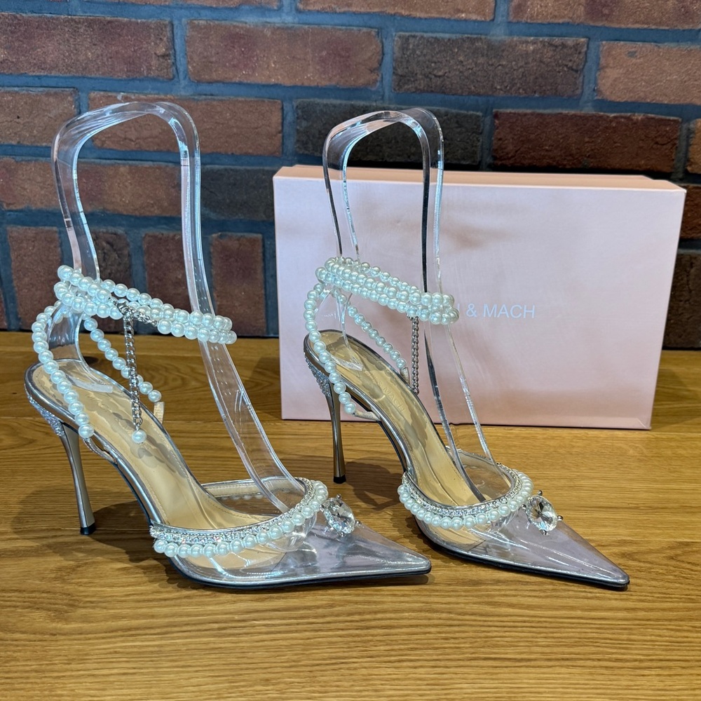 MACH & MACH Silver and Clear Heels with Pearl Accents